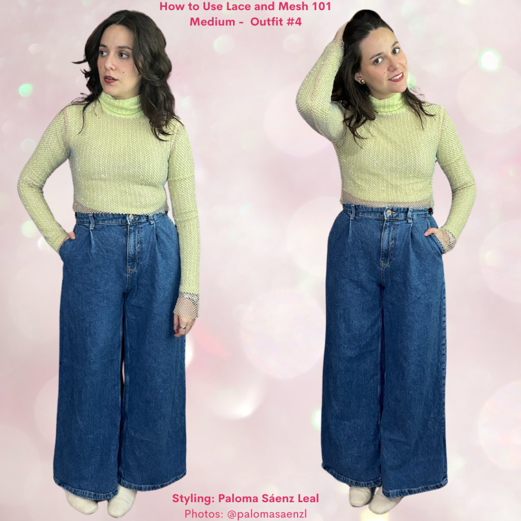neon lime green turtleneck top, blue tailored jeans, off white booties, rhinestones net top